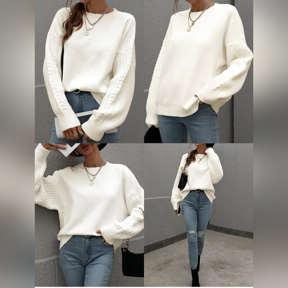 Crew Neck Solid Color Cable Knit Chunky Casual Oversized Pullover Sweater Tops